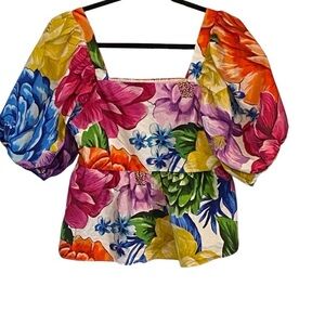 FARM RIO Rainbow Chita Empire-Waist vibrant Floral puff sleeve Blouse resortwear